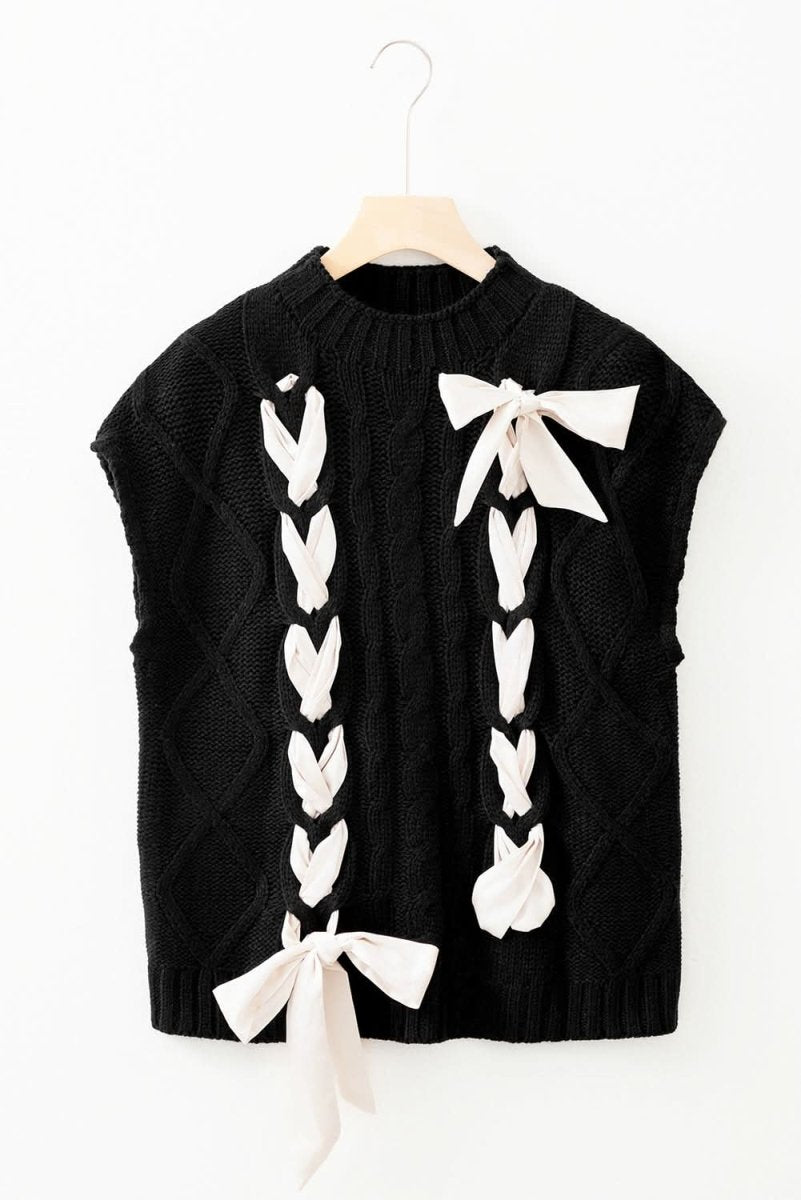 Black Cable Knit Colorblock Sweater with Satin Bowknot Details - Love Salve
